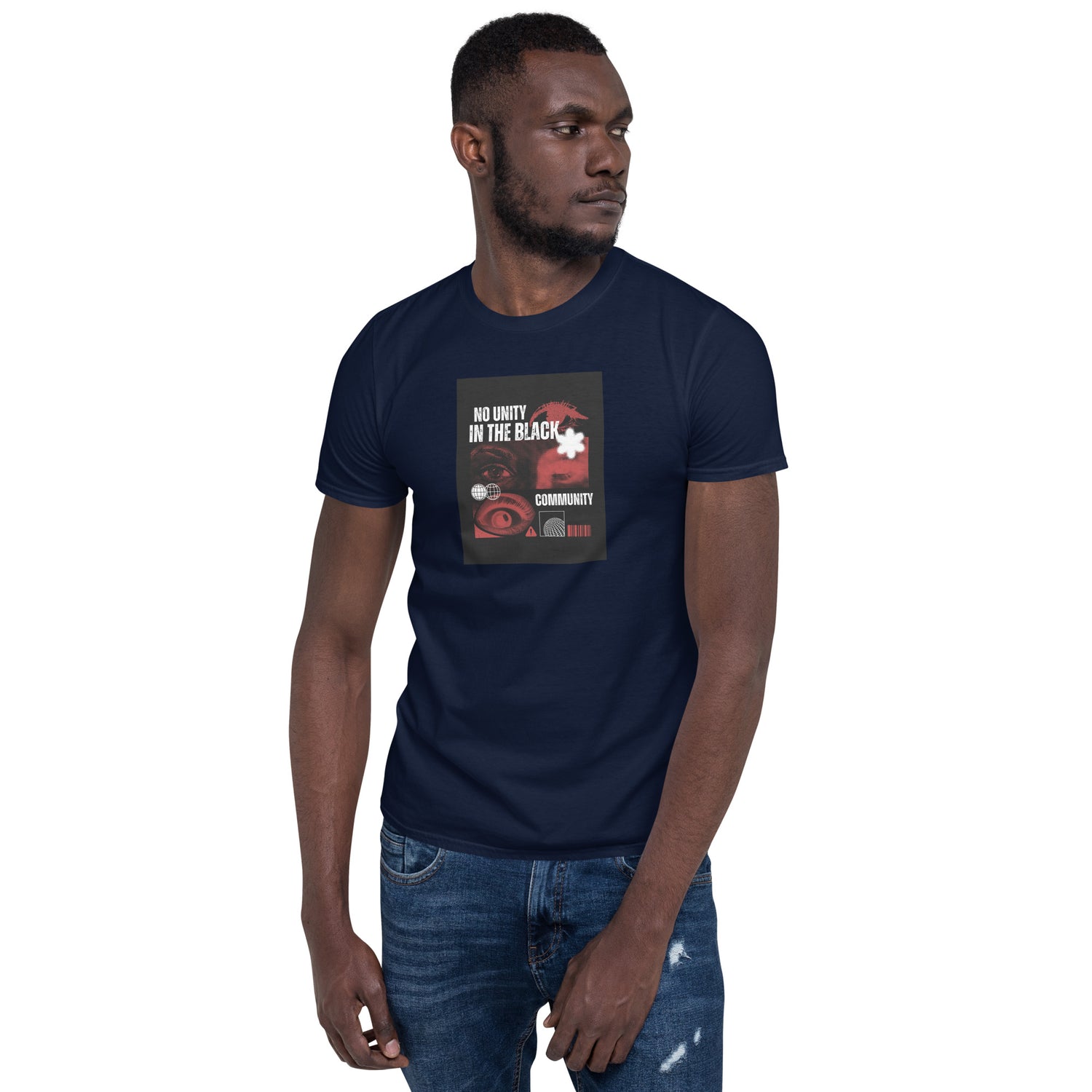 Navy unisex short-sleeve T-shirt with front square graphic print