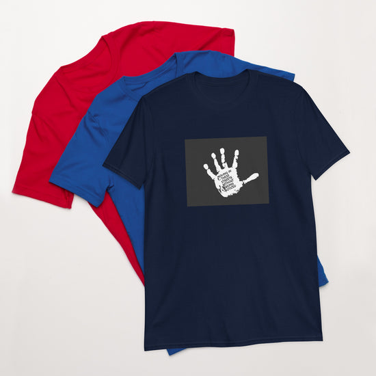Unisex T-shirt, navy blue with white handprint graphic on chest