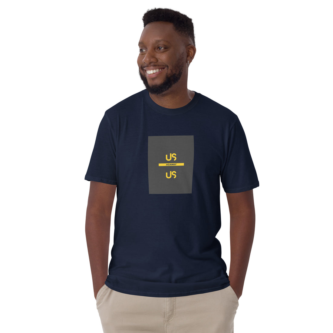 Navy unisex short-sleeve T-shirt with front square “US against US” graphic
