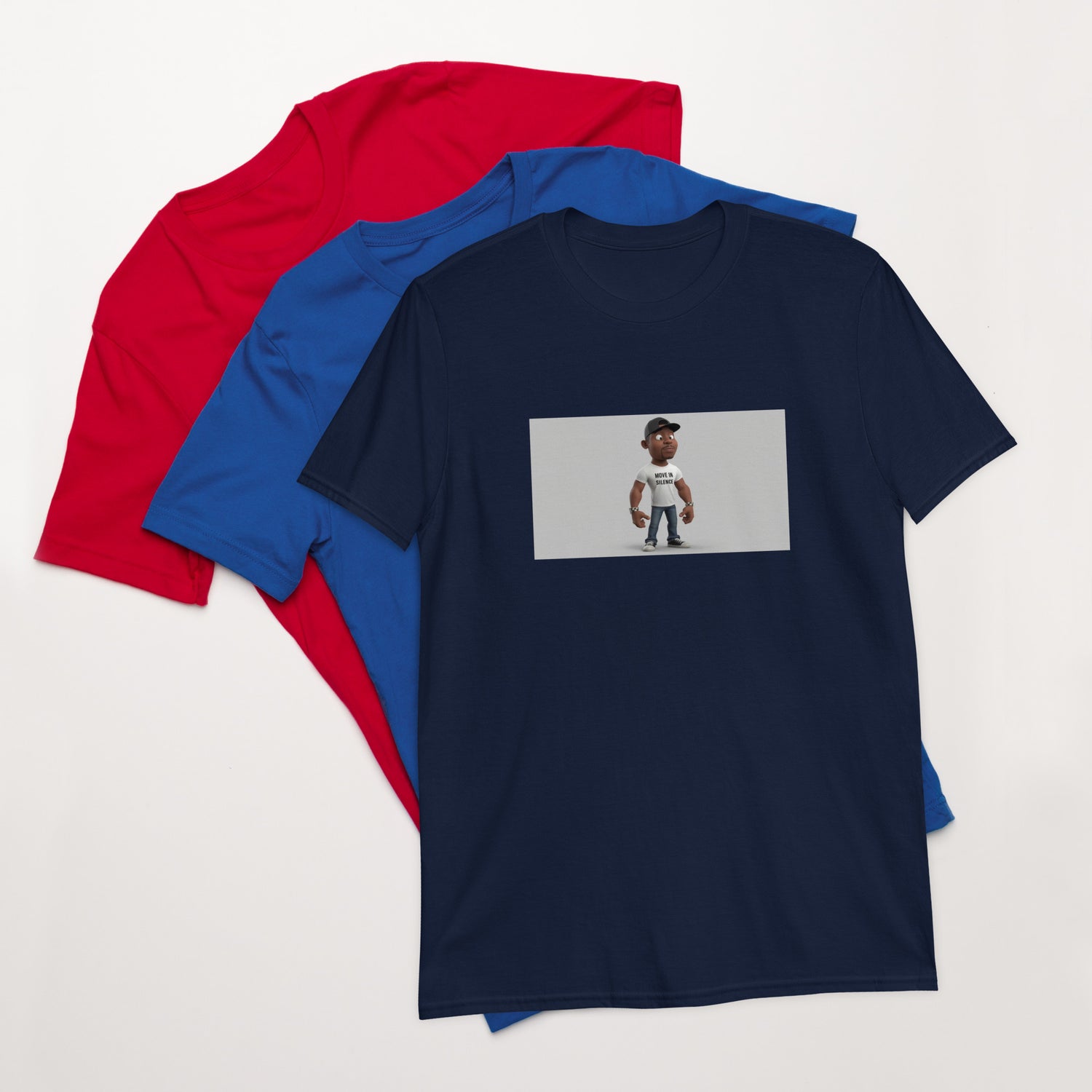Navy unisex short-sleeve T-shirt with centered rectangular graphic print
