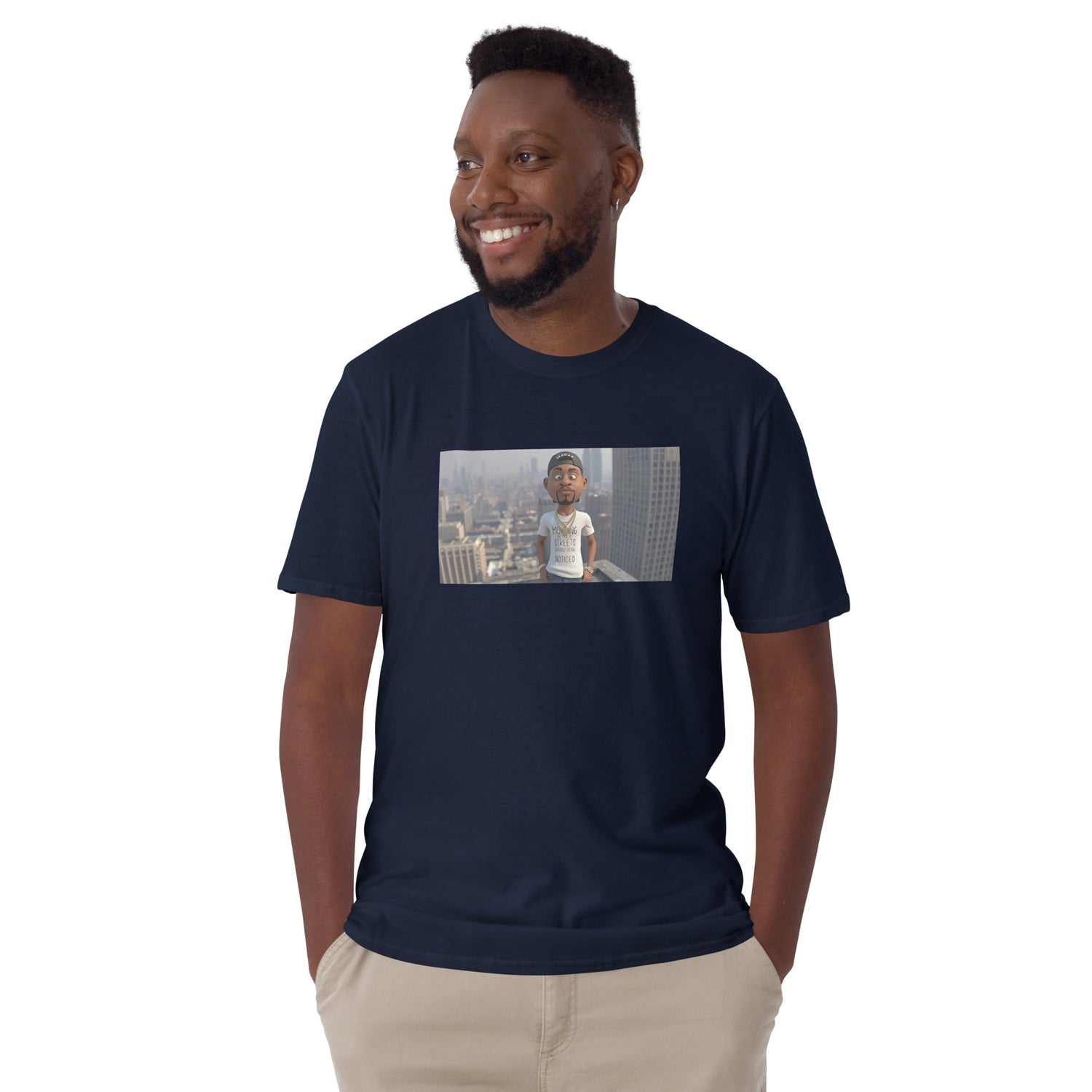 Unisex short-sleeve T-shirt (navy) with front photo graphic
