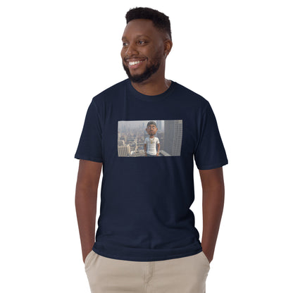 Unisex short-sleeve T-shirt (navy) with front photo graphic
