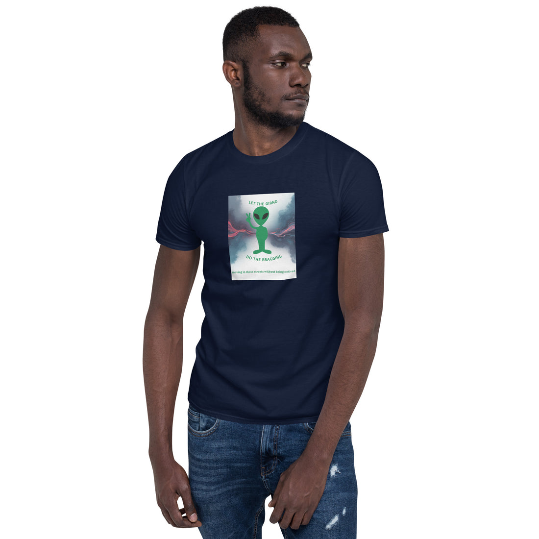 Navy unisex crew-neck T-shirt with front graphic