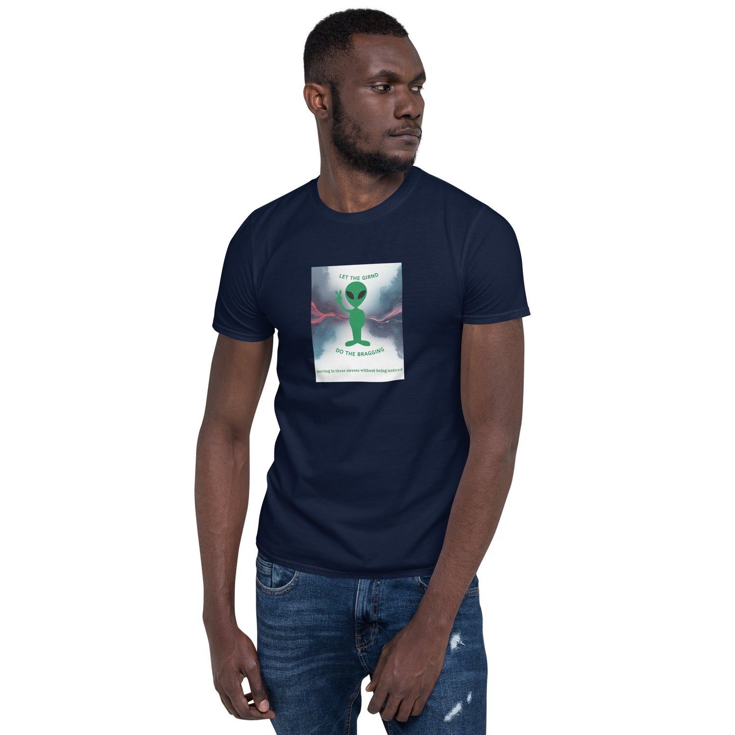 Navy unisex crew-neck T-shirt with front graphic