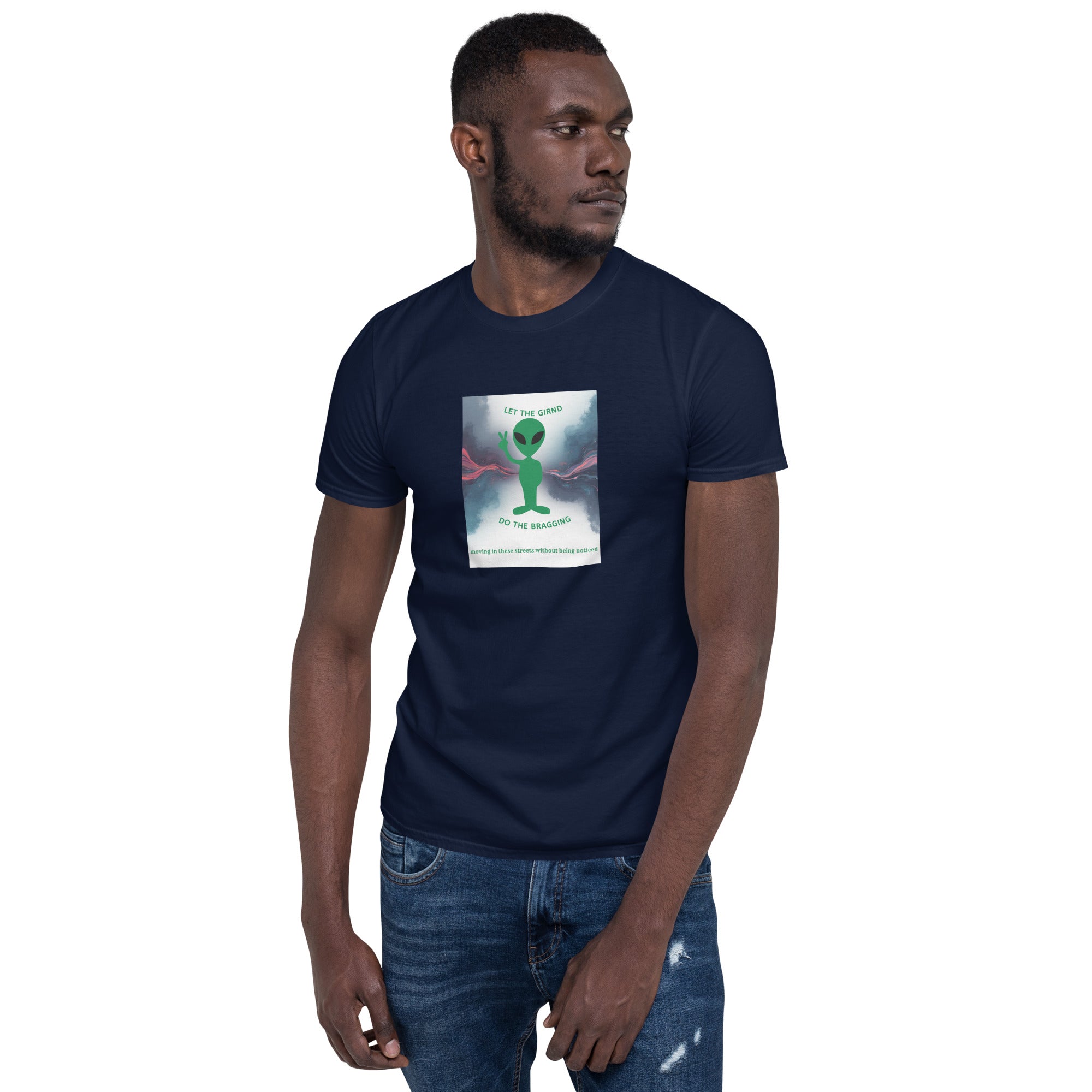 Navy unisex crew-neck T-shirt with front graphic