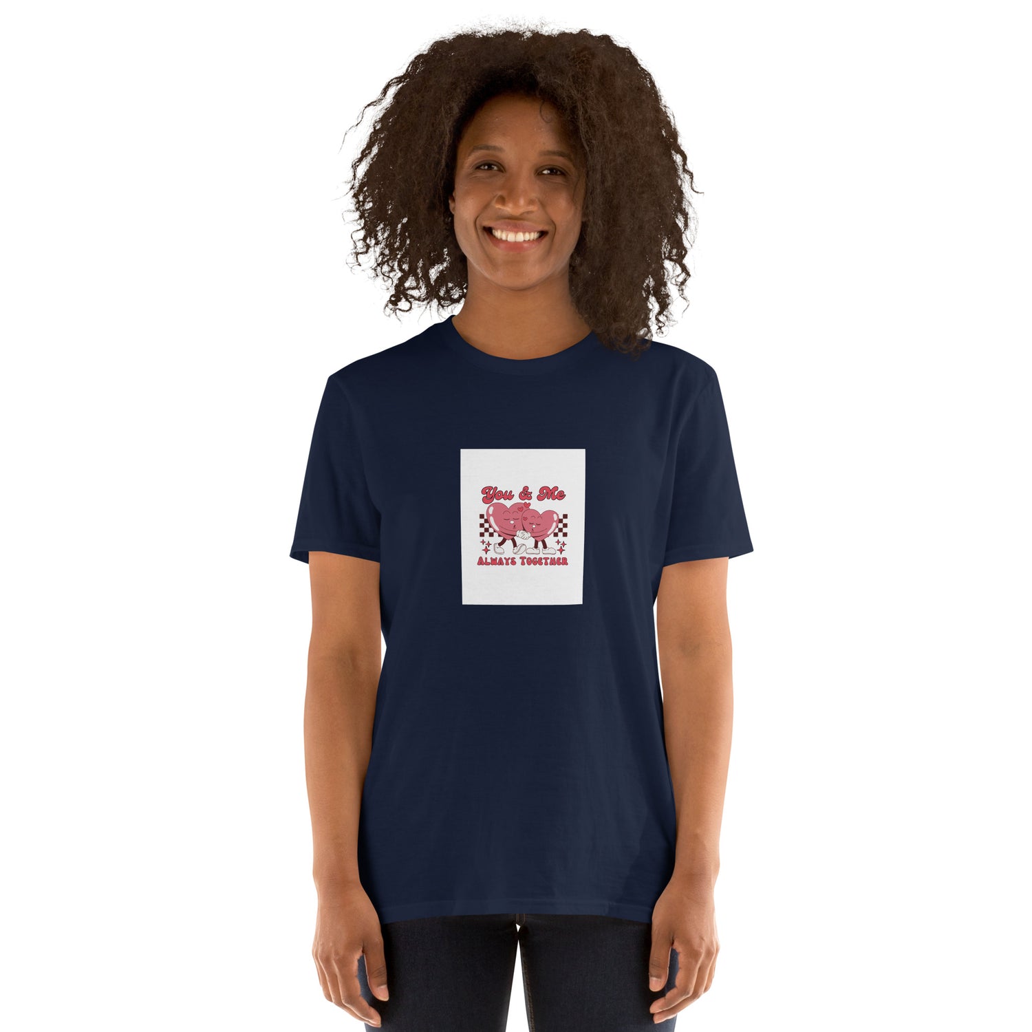 Navy unisex T-shirt with square chest print: "You &amp; Me Always Together"