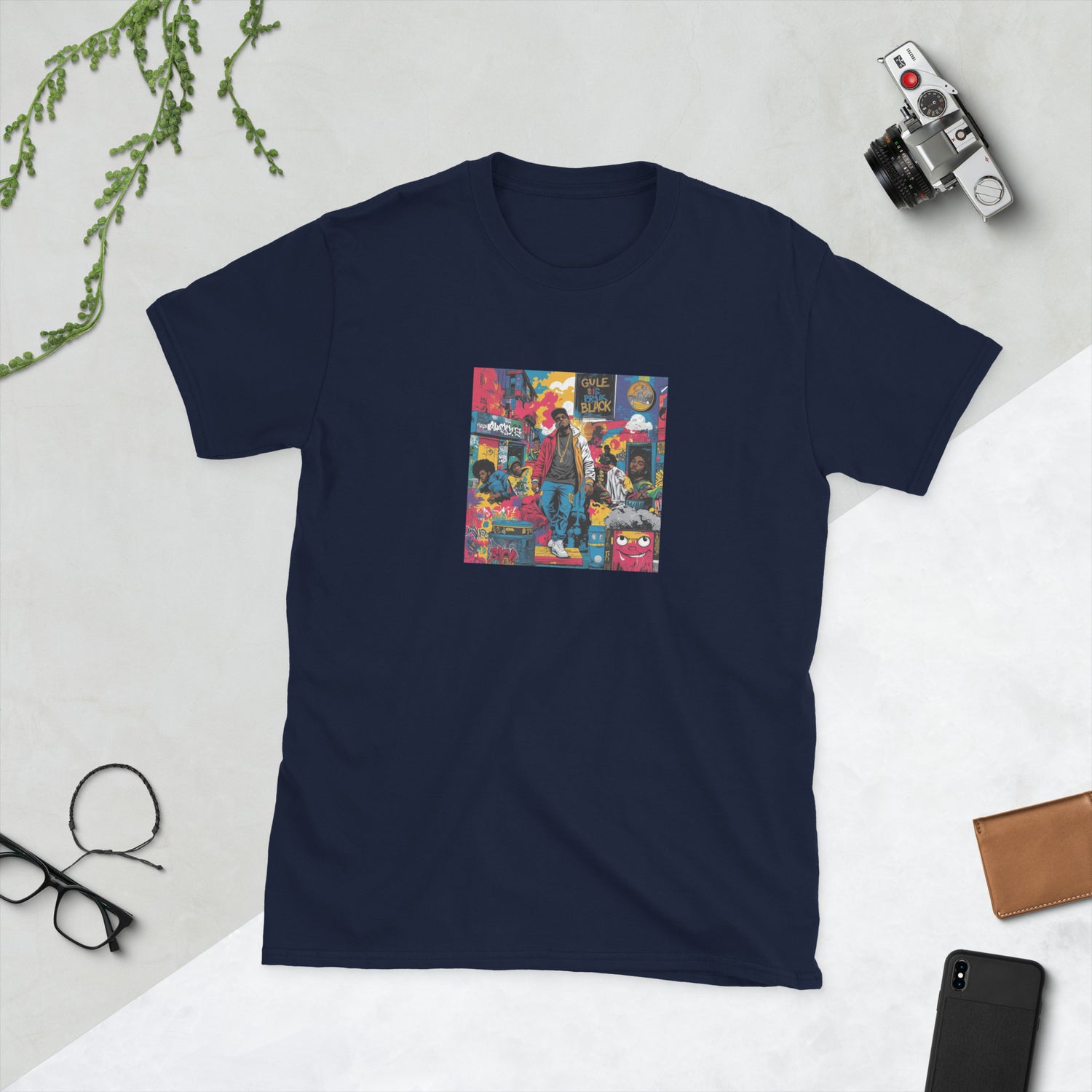 Move In Silence Navy unisex T-shirt with front square graphic