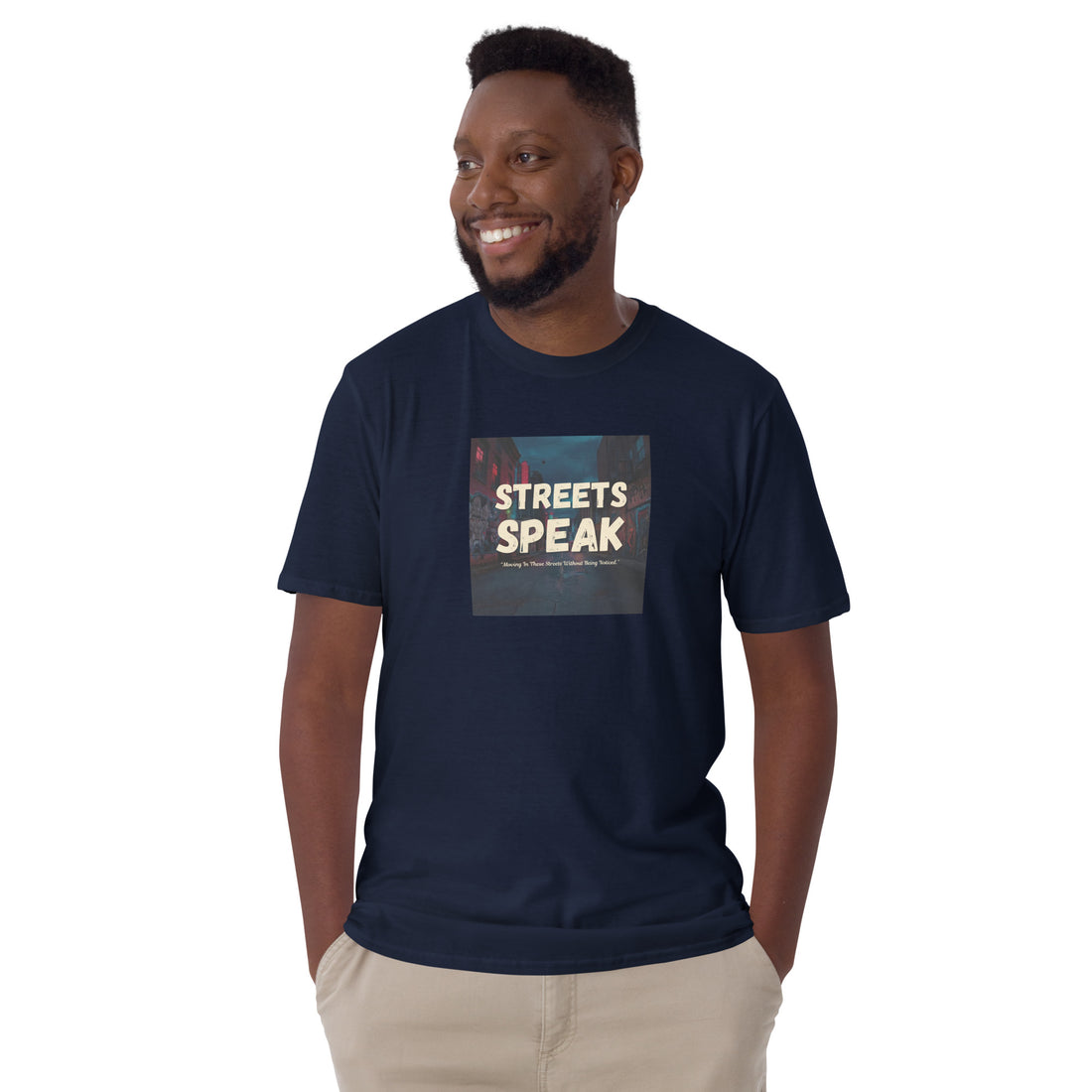 Navy unisex short-sleeve T-shirt with “STREETS SPEAK” front graphic