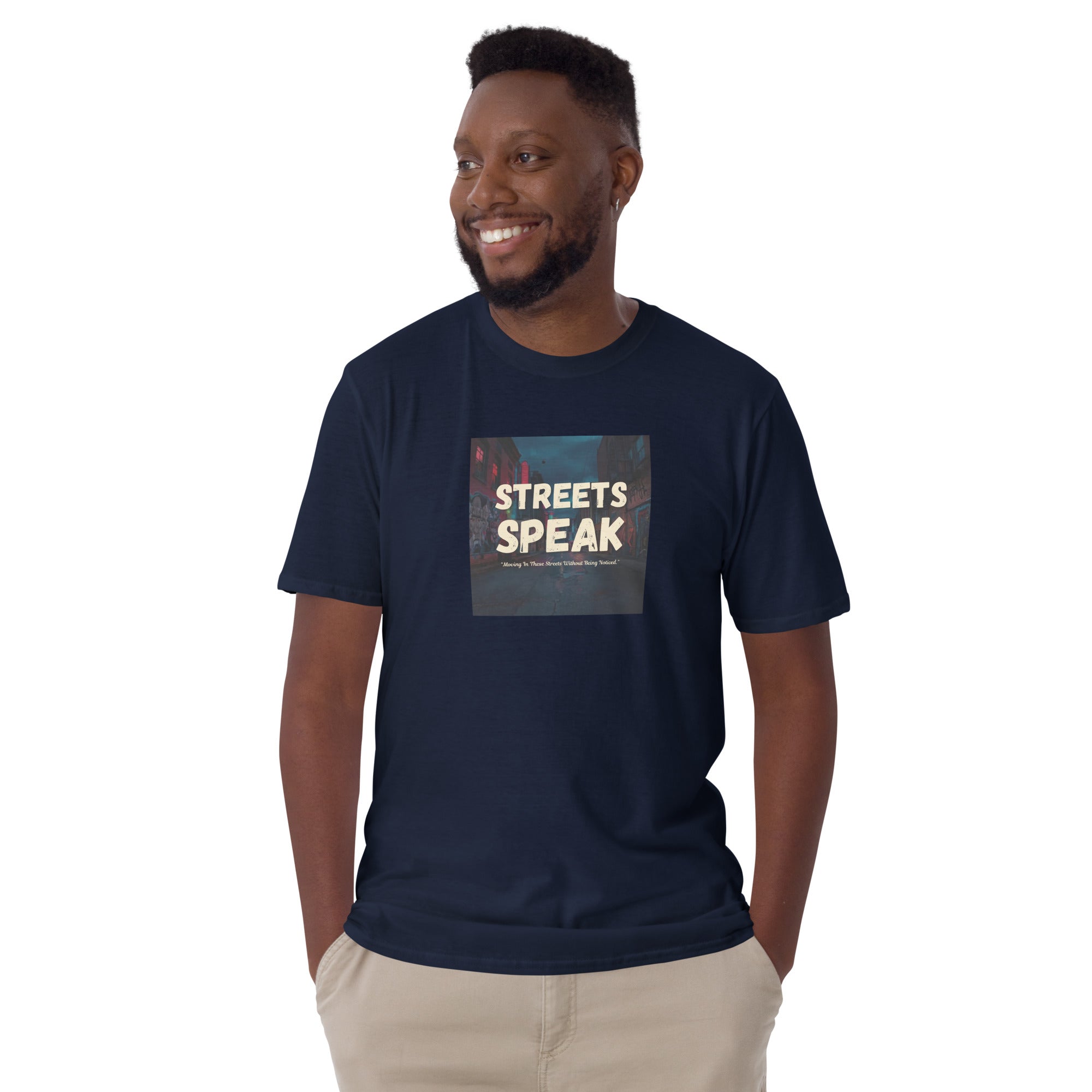 Navy unisex short-sleeve T-shirt with “STREETS SPEAK” front graphic