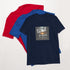 Navy unisex T-shirt with square “Get out of our town” graphic; red and blue behind