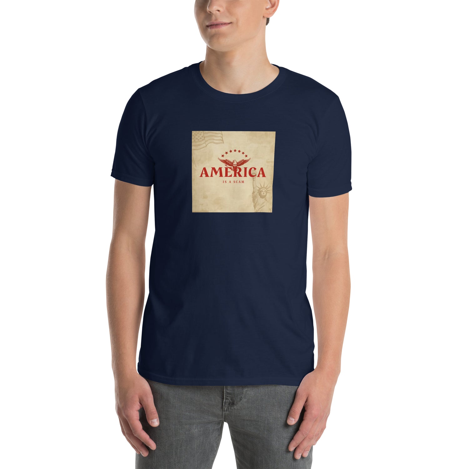 America Is A Scam T-shirt, navy, front graphic print