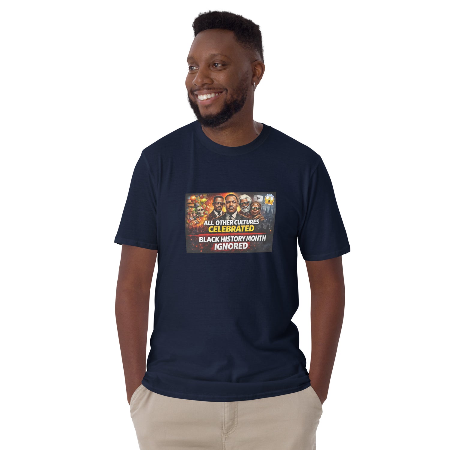 Navy unisex short-sleeve T-shirt with centered “BLACK HISTORY MONTH IGNORED” graphic.