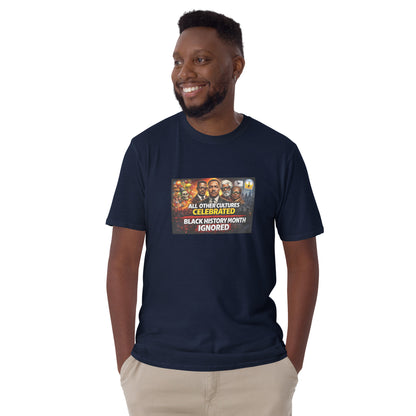 Navy unisex short-sleeve T-shirt with centered “BLACK HISTORY MONTH IGNORED” graphic.