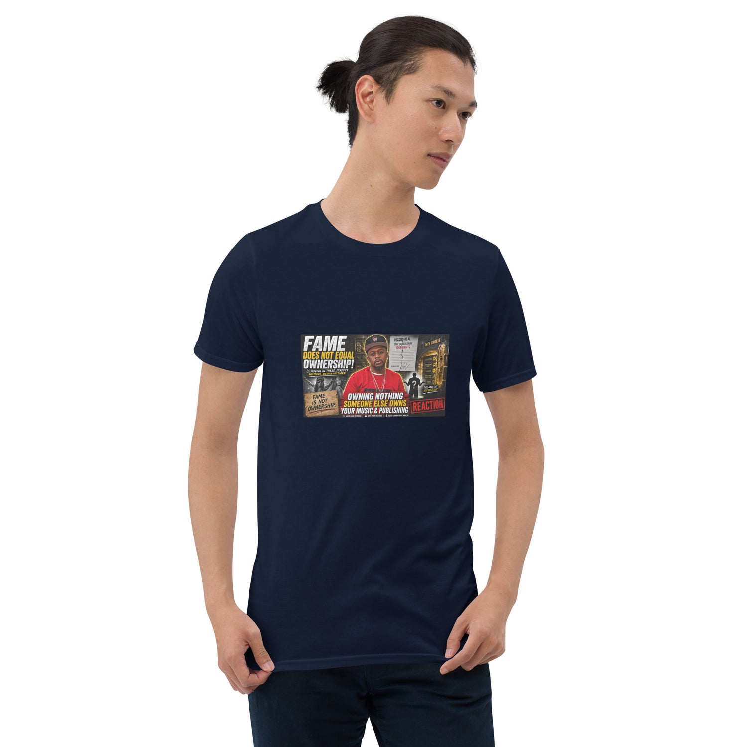 Navy unisex short-sleeve T-shirt with colorful rectangular front graphic