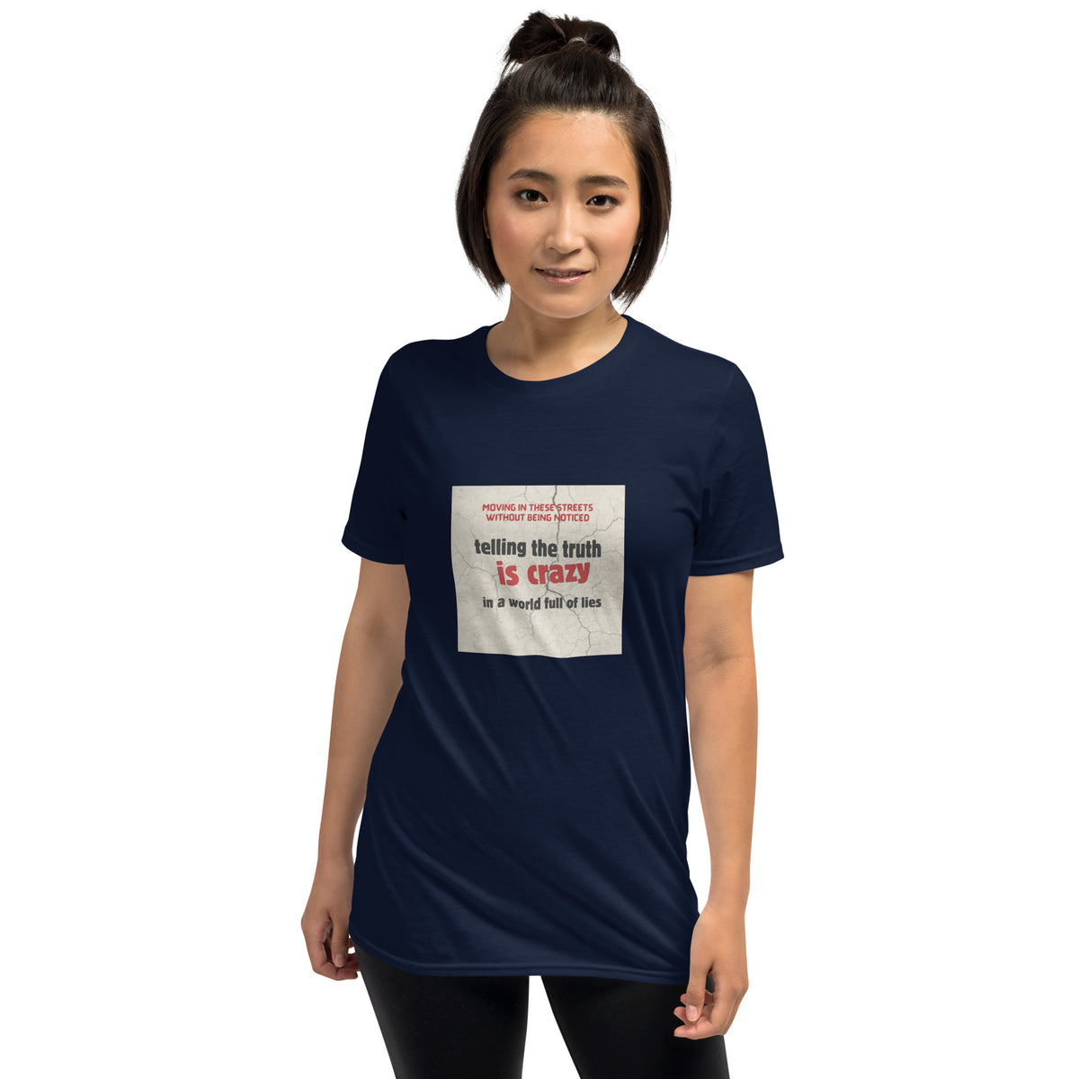 Navy unisex crew-neck t-shirt with front square graphic slogan, short sleeves