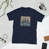 Navy crewneck graphic tee with square front print reading "ICE AGENTS"
