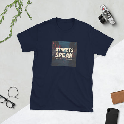 Navy crewneck graphic tee with square “STREETS SPEAK” front print