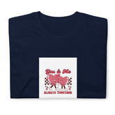Navy graphic tee with “You & Me” pink couple and “Always Together” text
