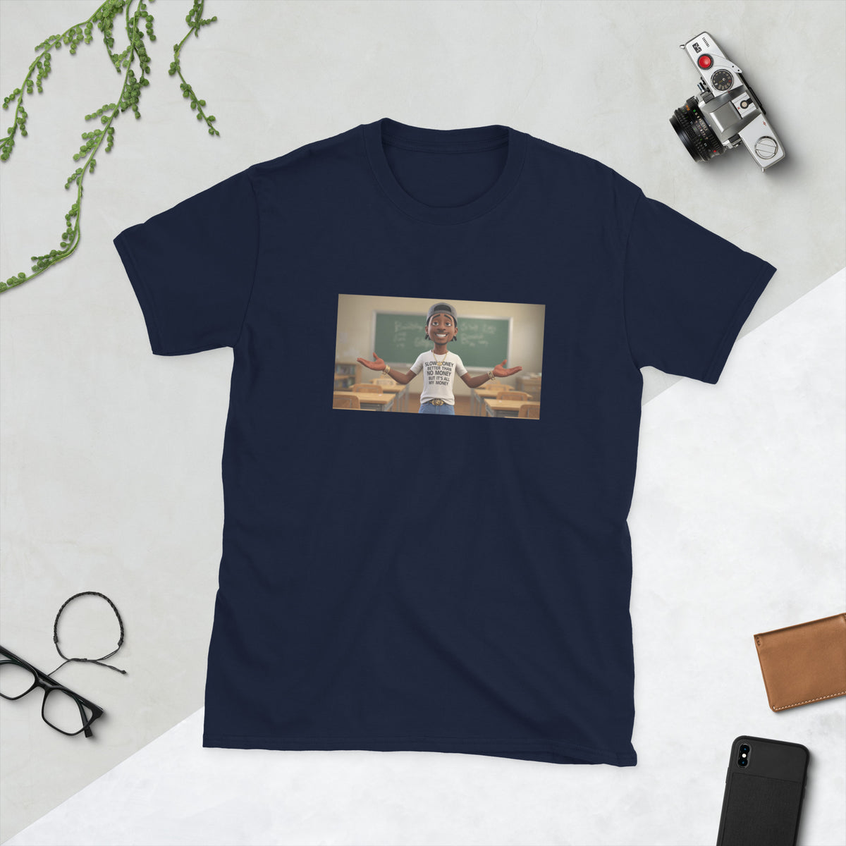 Navy short-sleeve graphic tee with centered photo-style print