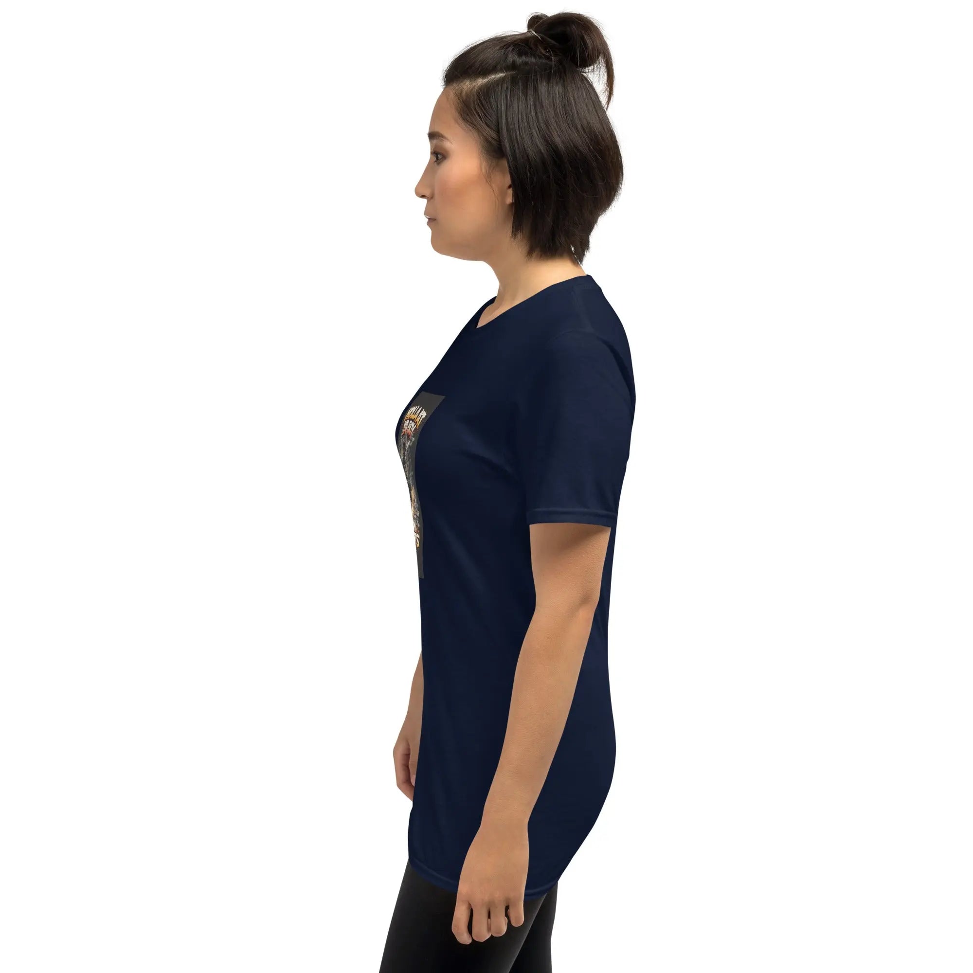 Navy unisex T-shirt side profile showing sleeve and graphic edge