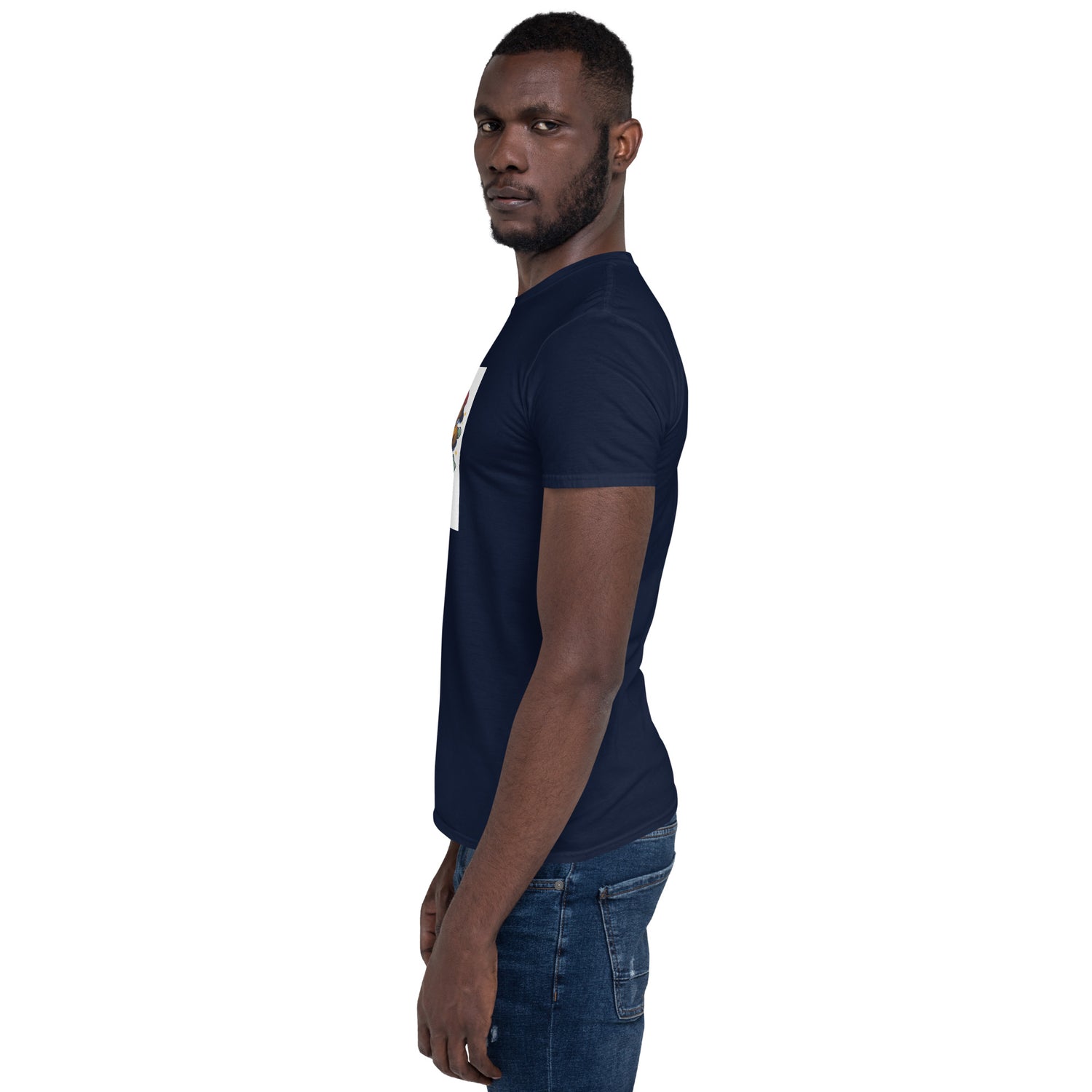 Side view of navy unisex short-sleeve T-shirt with partial edge of front graphic