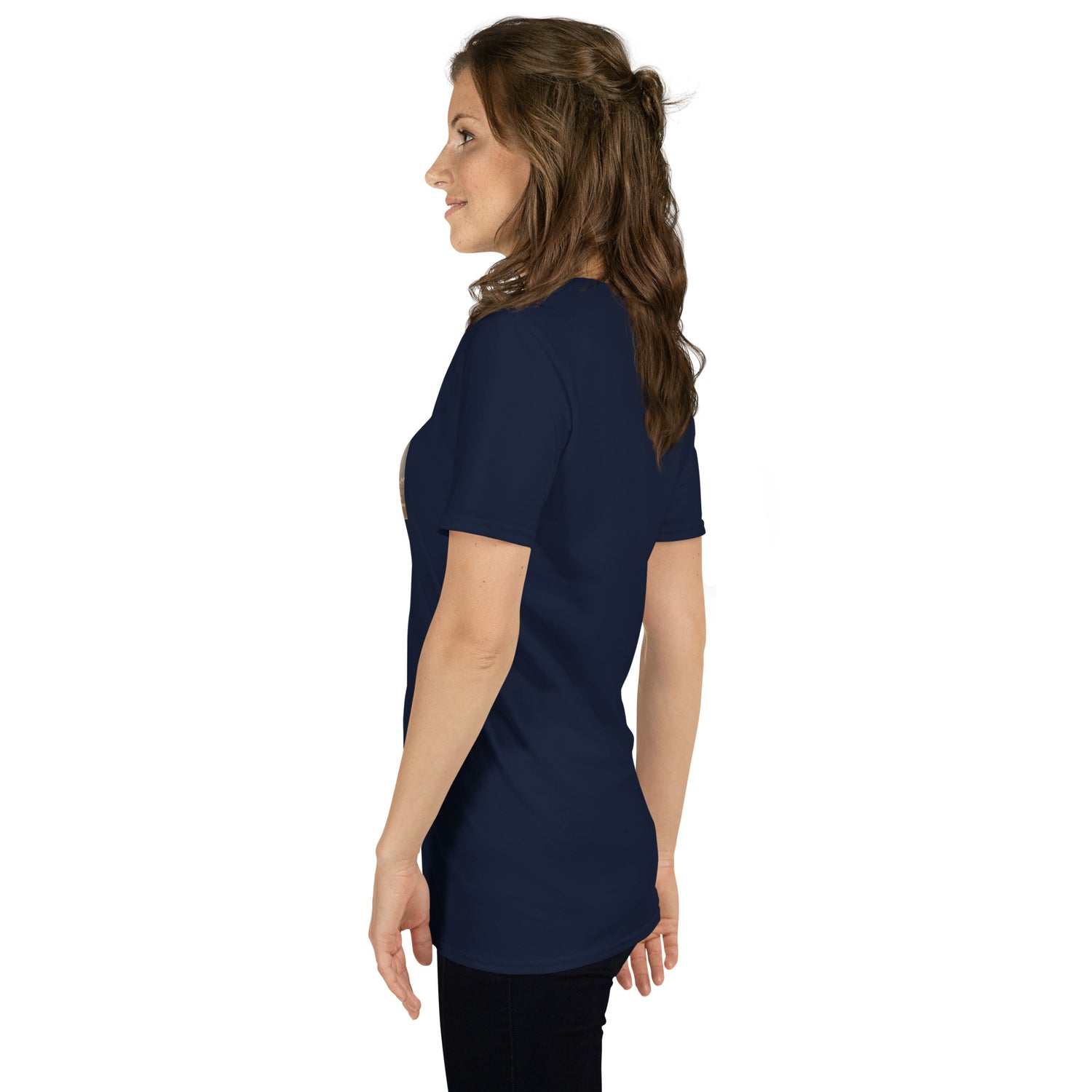 Navy unisex T-shirt side view, short sleeves, crew neckline