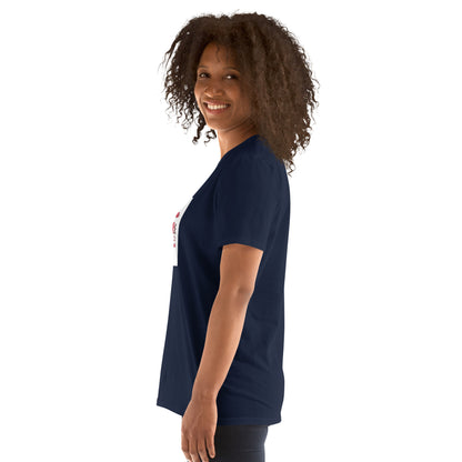 Navy unisex T-shirt side view, short sleeves, heart couple chest print
