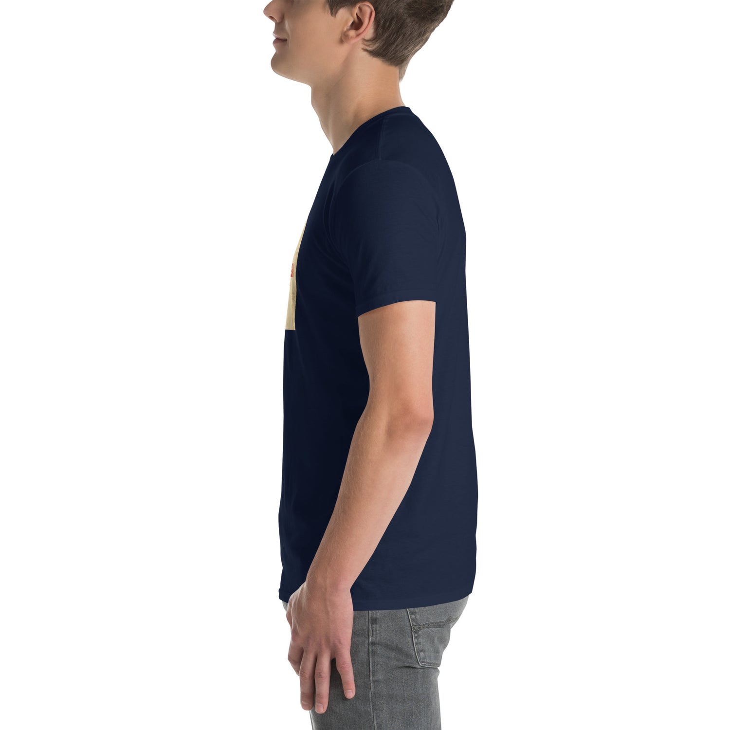 America Is A Scam T-shirt, navy, side view with short sleeves