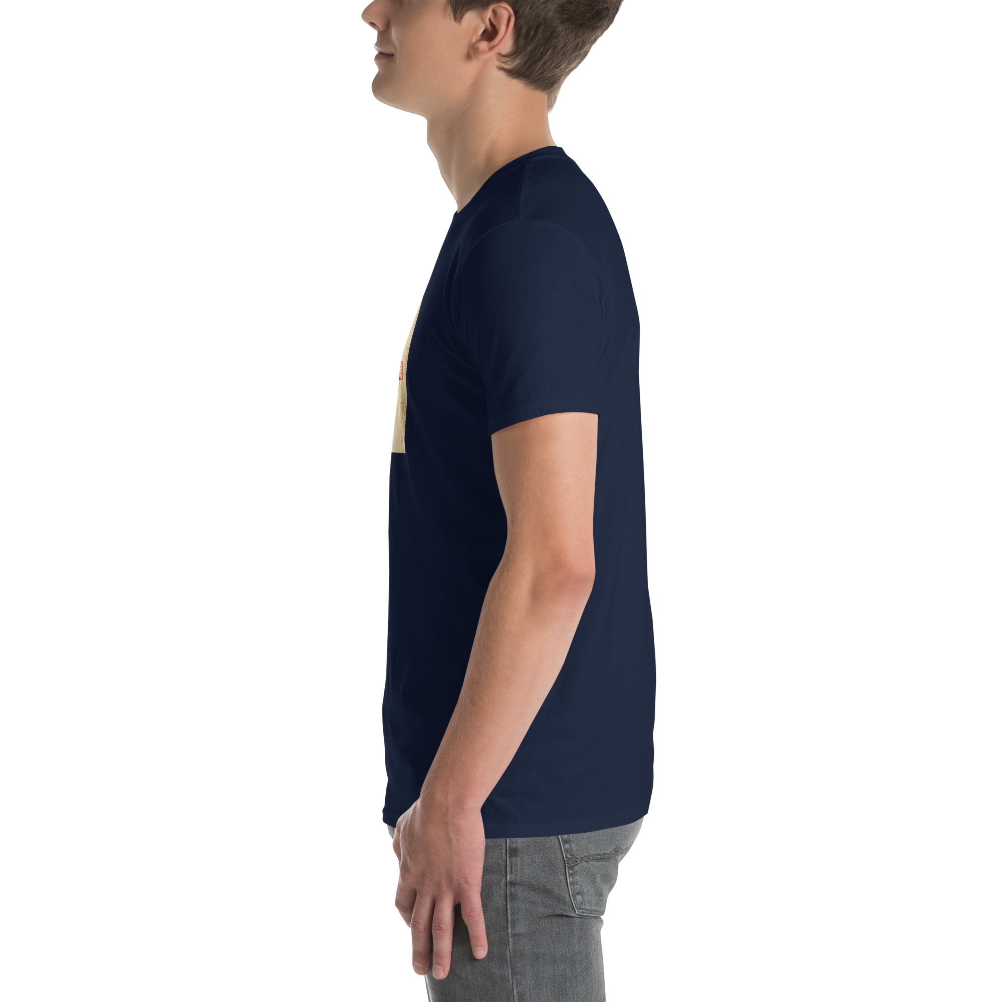 America Is A Scam T-shirt, navy, side view with short sleeves