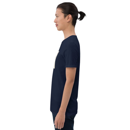 Navy T-shirt side view with partial square chest graphic