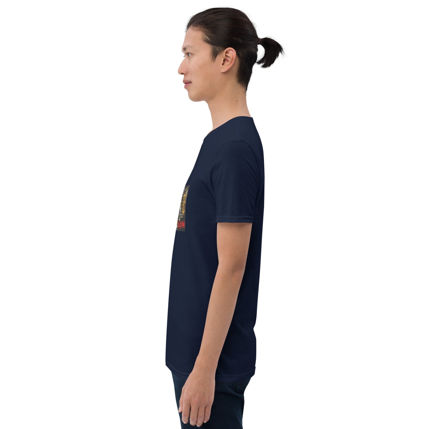 Navy unisex short-sleeve T-shirt, side view with small graphic on sleeve