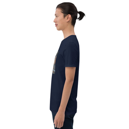 Navy graphic tee with side profile and framed bars photo panel on chest