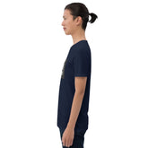 MIS Apparel unisex graphic T-shirt, navy blue, side view with sleeve