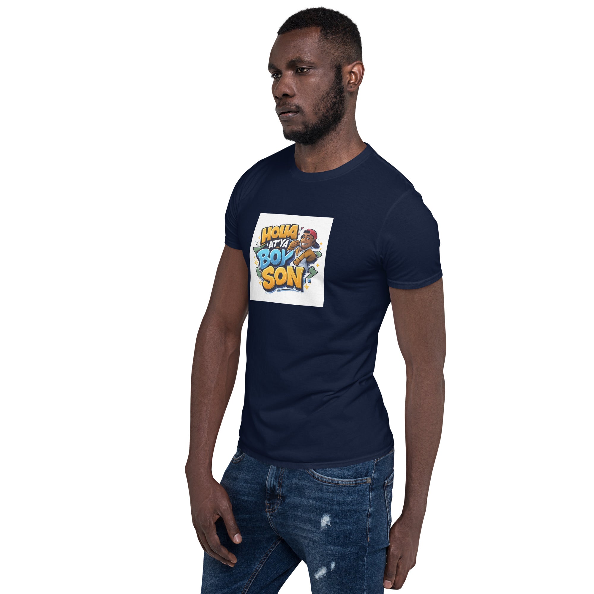 Navy unisex T-shirt with front “Holla at Ya Boy Son” graphic, crew neck short sleeves