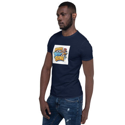 Navy unisex T-shirt with front “Holla at Ya Boy Son” graphic, crew neck short sleeves