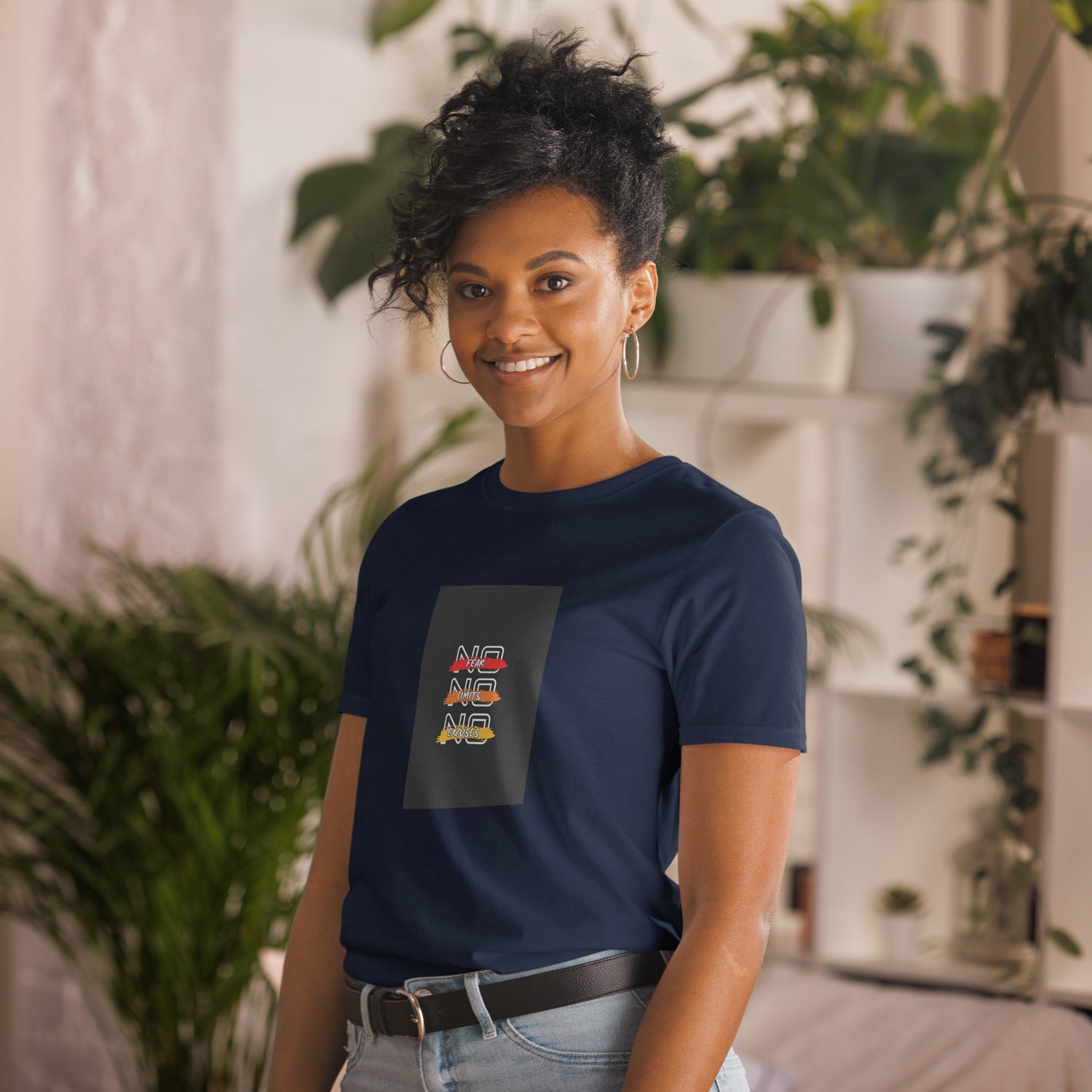 Unisex T-shirt, navy crew neck with centered square logo print