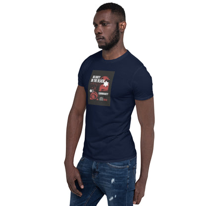 Navy unisex short-sleeve T-shirt, front graphic print centered on chest