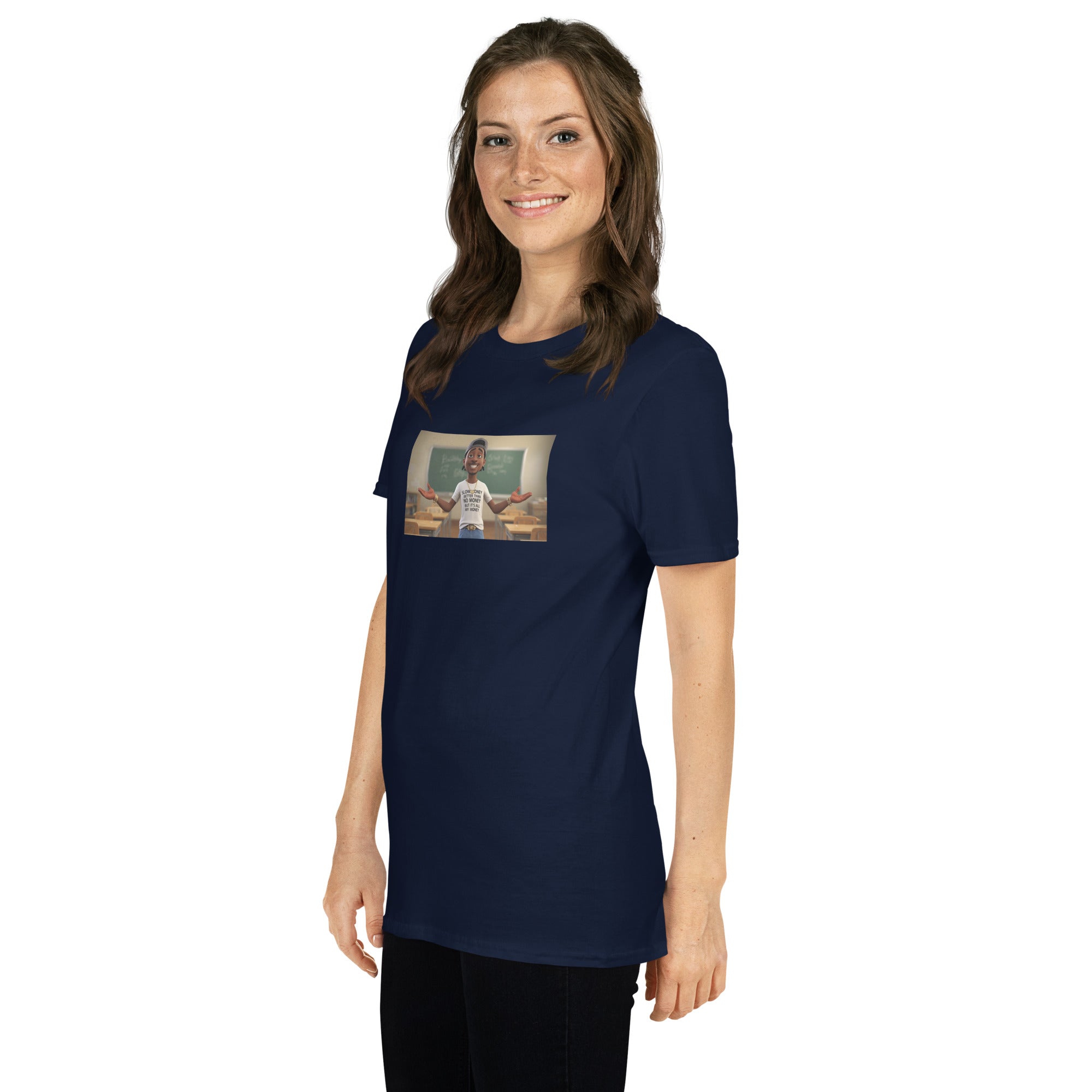 Navy unisex T-shirt with centered front graphic, short sleeves, crew neckline