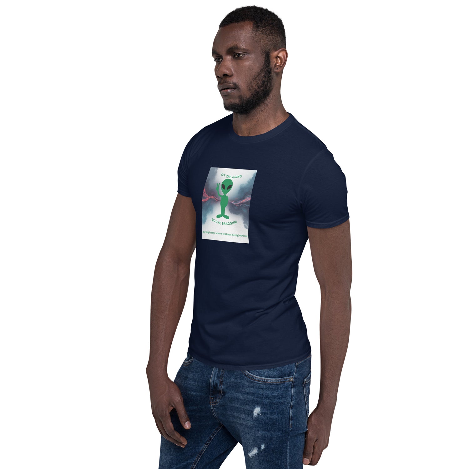 Navy unisex T-shirt with square front graphic print