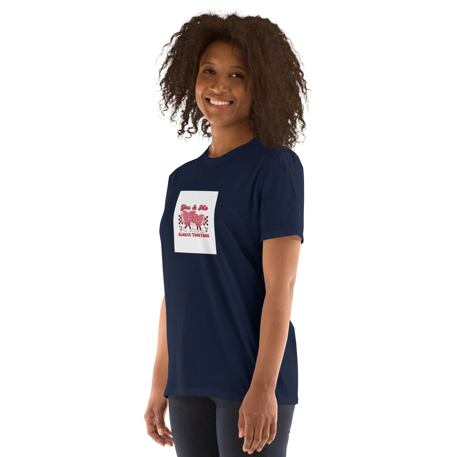 Navy unisex T-shirt front view with square heart couple graphic