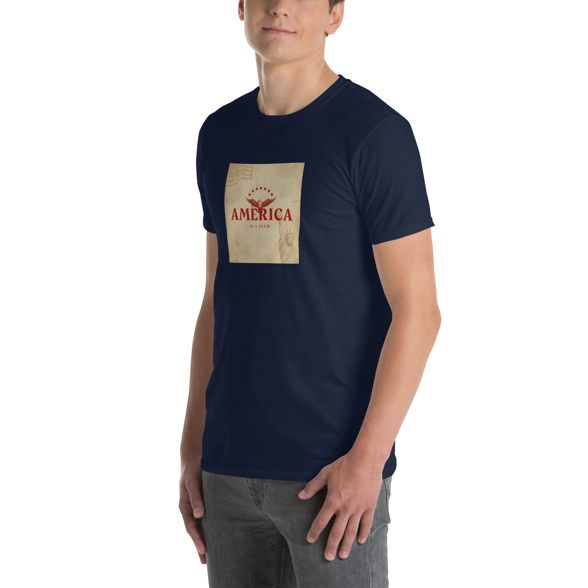 America Is A Scam T-shirt, navy, front graphic centered