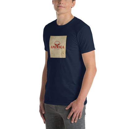 America Is A Scam T-shirt, navy, front graphic centered