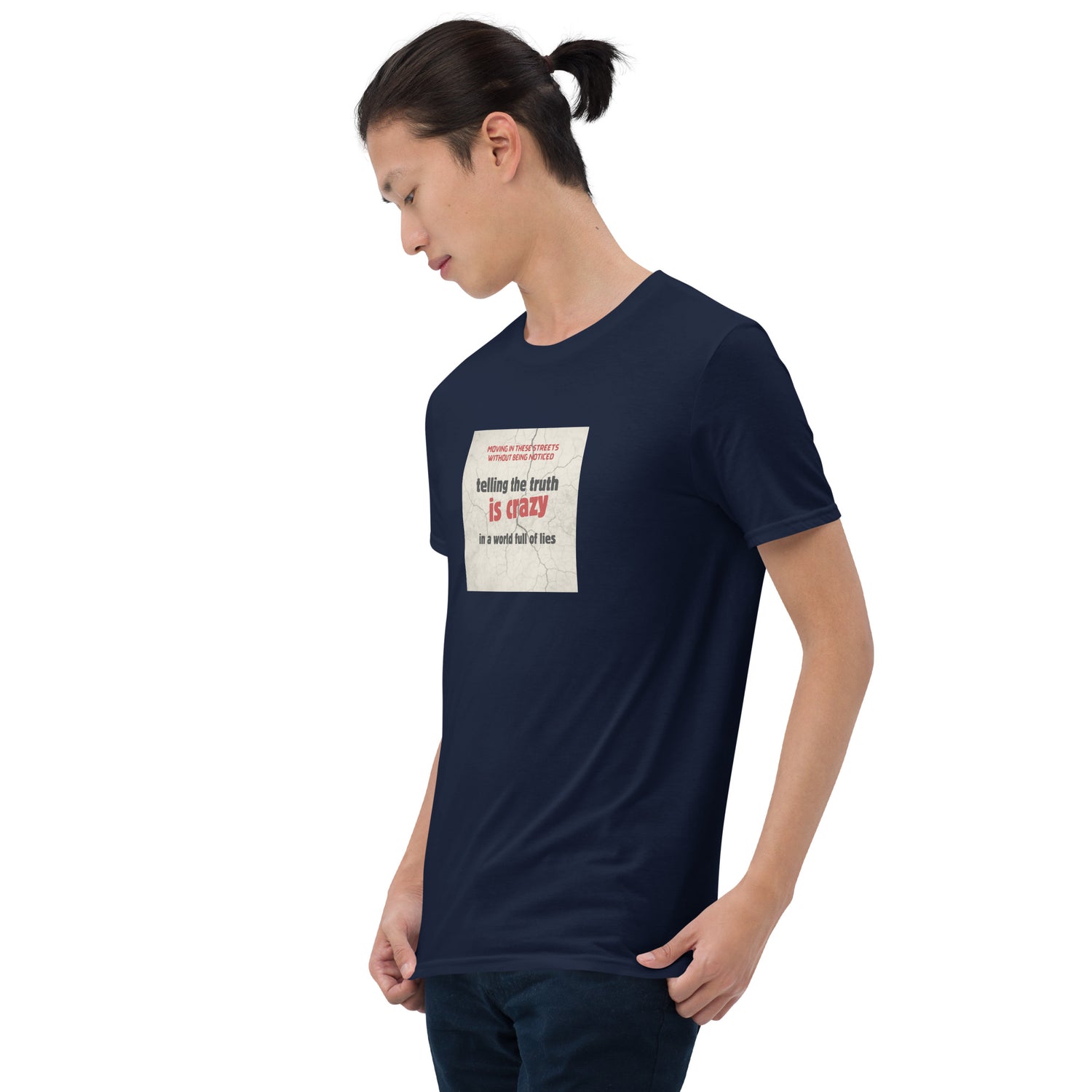 Navy T-shirt front graphic close-up on chest
