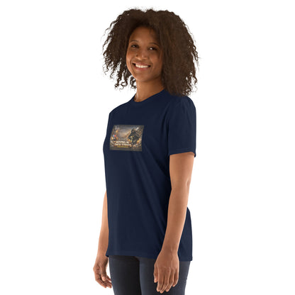 Navy premium T-shirt three-quarter front view with chest graphic print