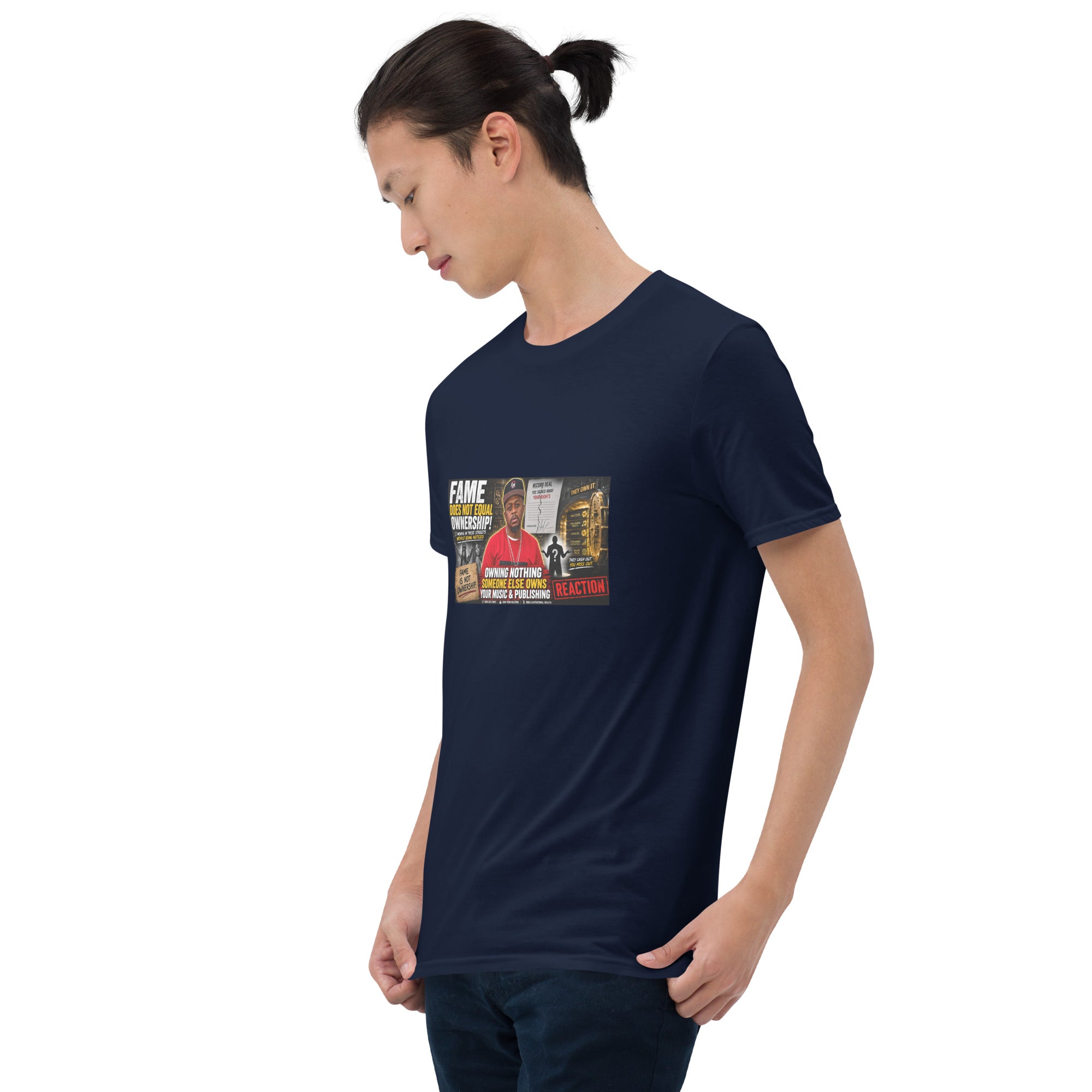 Navy unisex short-sleeve T-shirt with colorful front graphic and crew neck