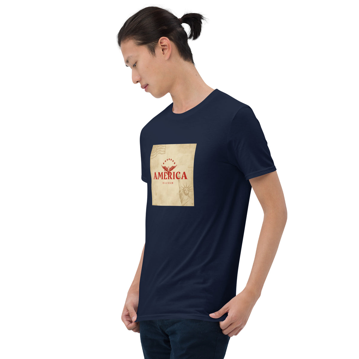 Navy unisex graphic tee, angled front with square America print on chest