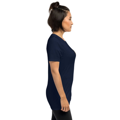 Navy unisex T-shirt three-quarter side view, smooth front and back