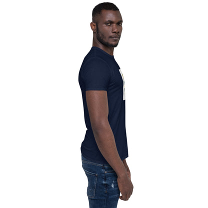 Navy unisex short-sleeve T-shirt from side angle, crew neck and front print visible