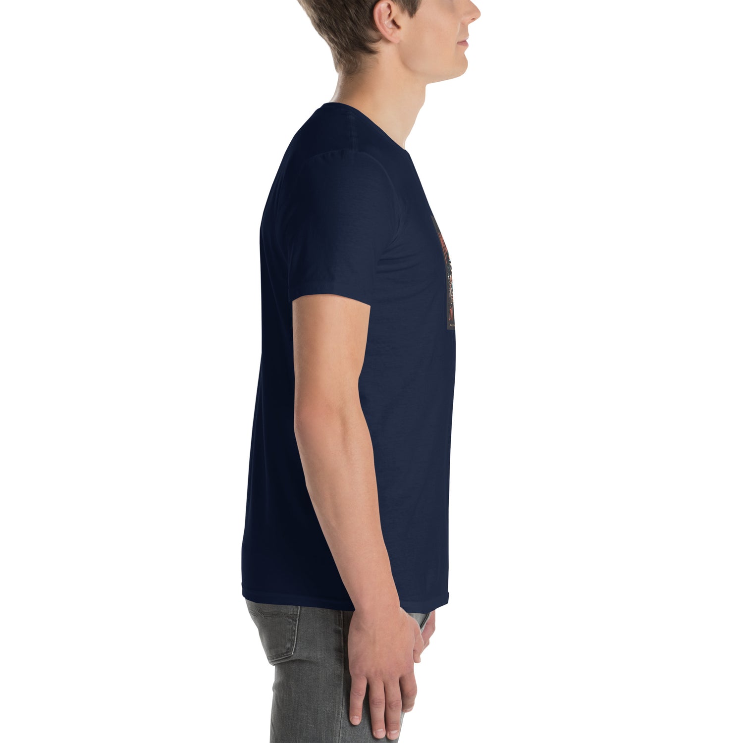 Navy unisex T-Shirt, Seitenansicht mit Ärmel und passender Schulterform.