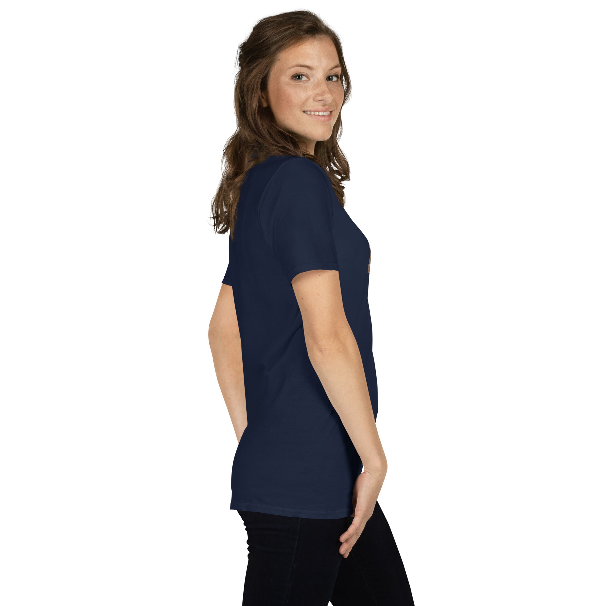 Navy unisex T-shirt side profile, short sleeves, crew neckline